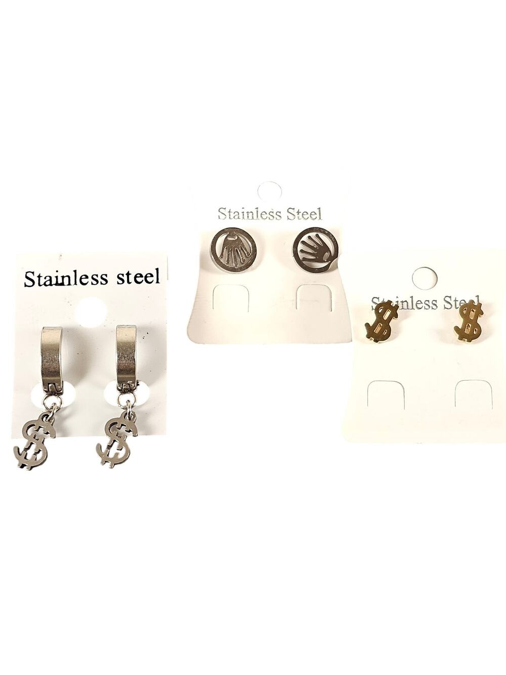 Stainless Steel Stud Earrings Lot of 3 Pairs Money Dollar Sign Gold Silver Tones